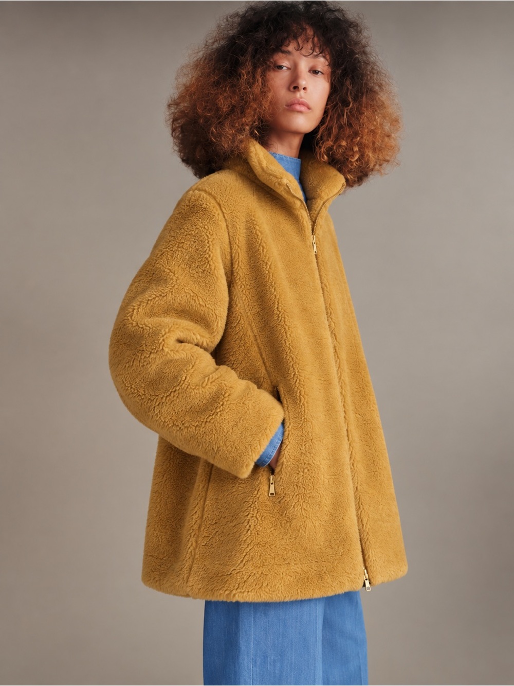 LOFT | Mustard Yellow Teddy Faux Shearling Funnel Neck Zip-Front Jacket ~ Small